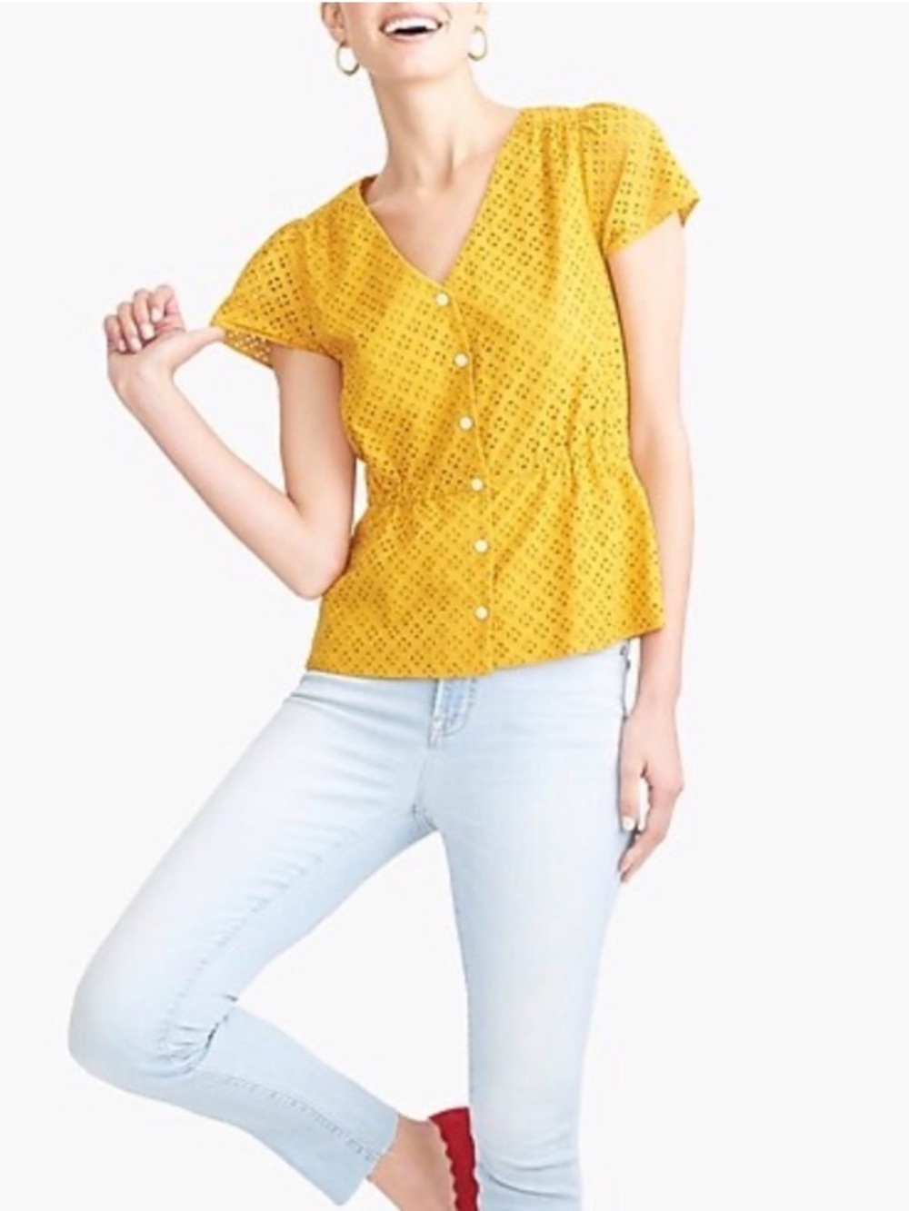 NWT $70 J CREW FACTORY mustard Eyelet button front top 4 S